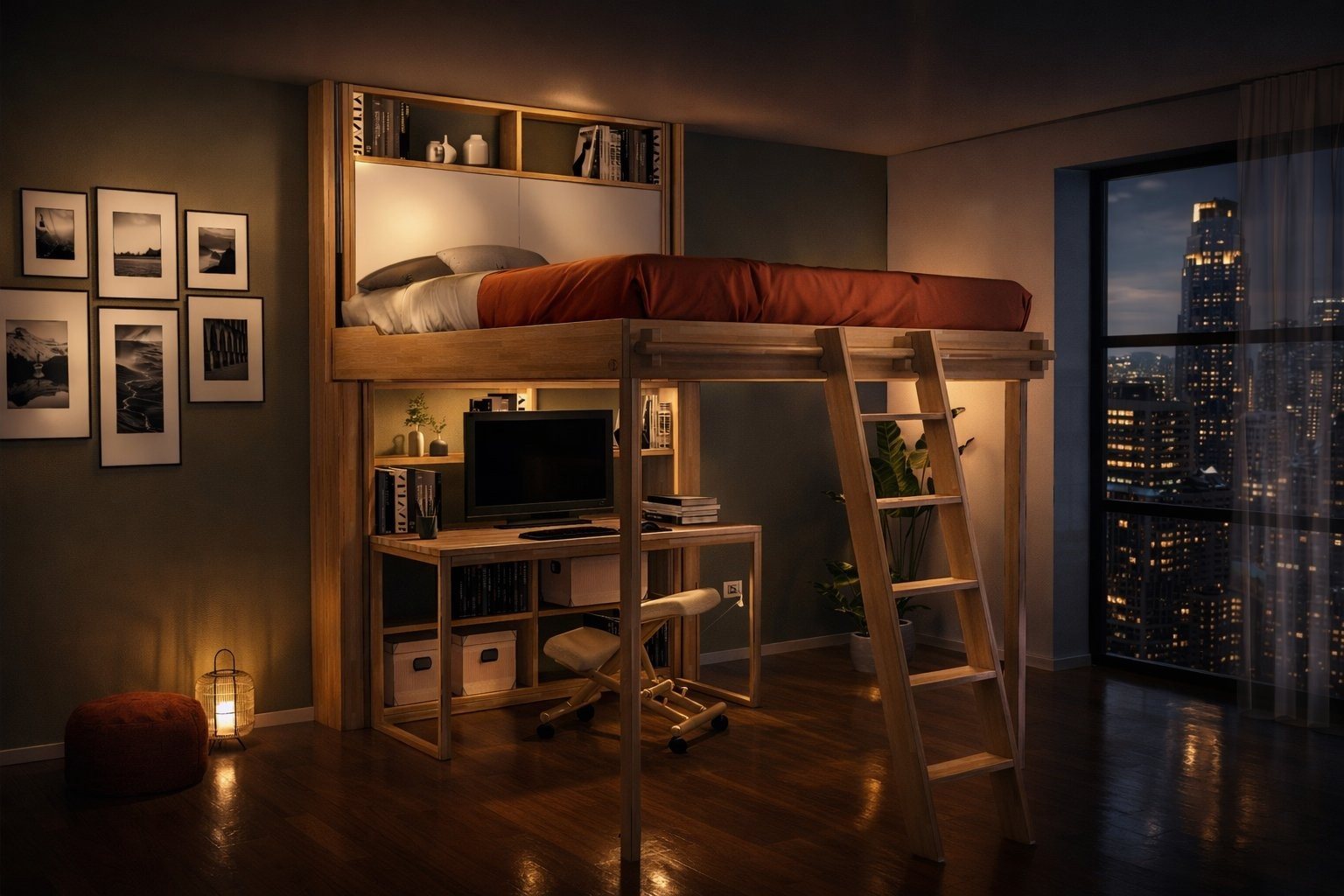 Nuvola lowered at night with warm lighting over the room