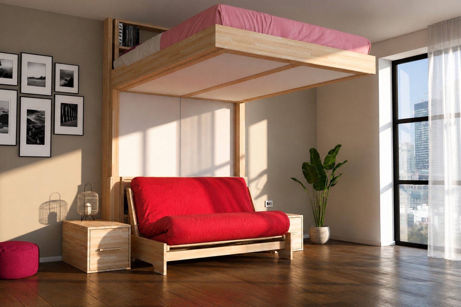 Nuvola raised close to the ceiling above a sofa and side tables in a bright apartment