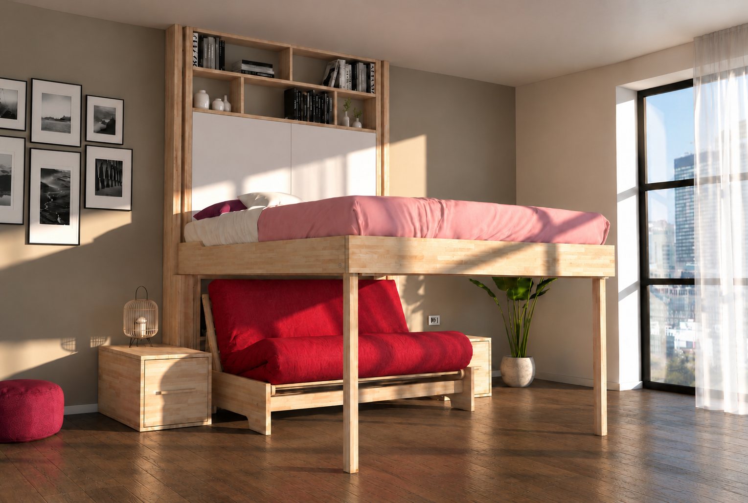 Nuvola lowered to a low setting with a futon sofa underneath
