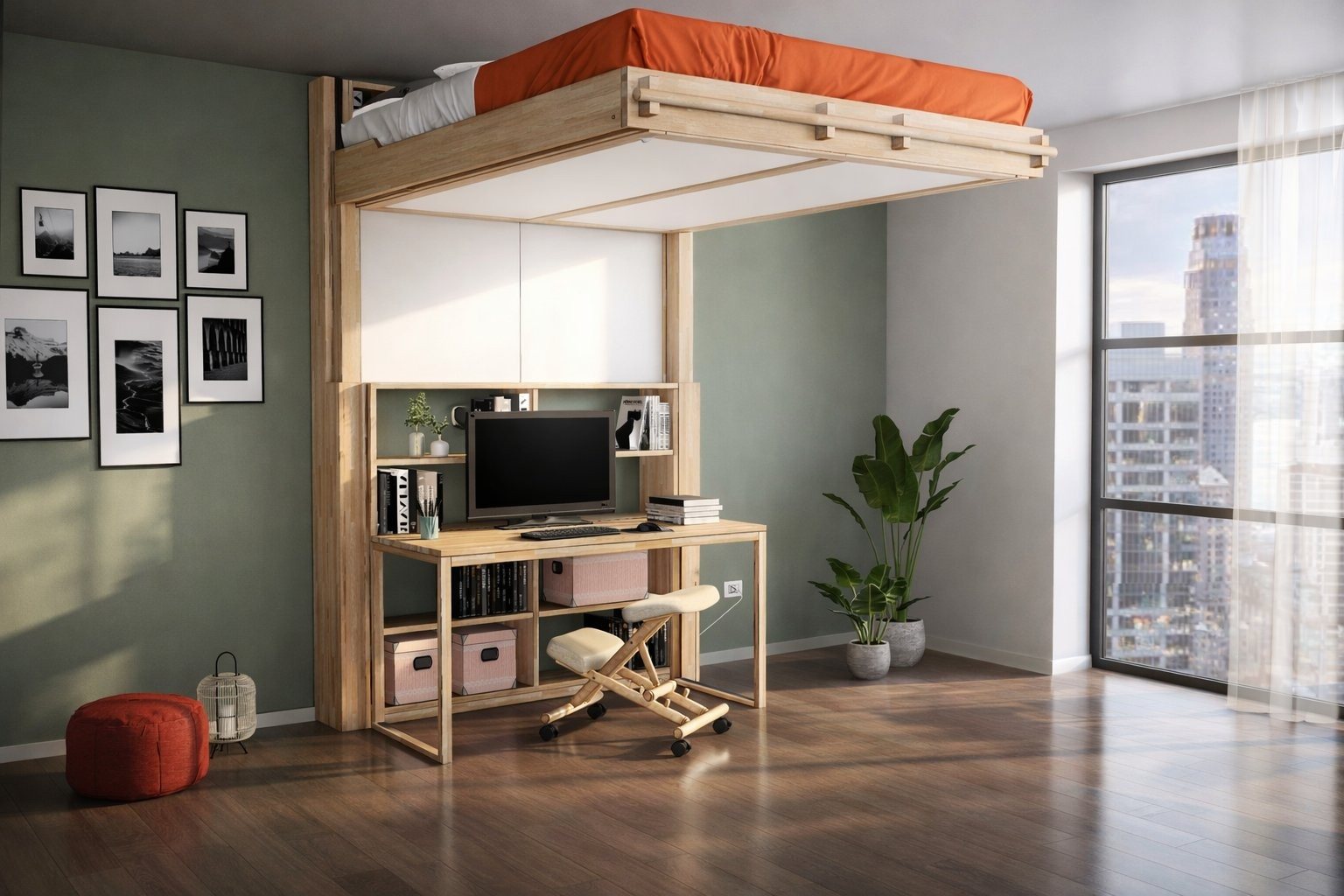 Nuvola bed raised flush to the ceiling, the floor below entirely free for a home office