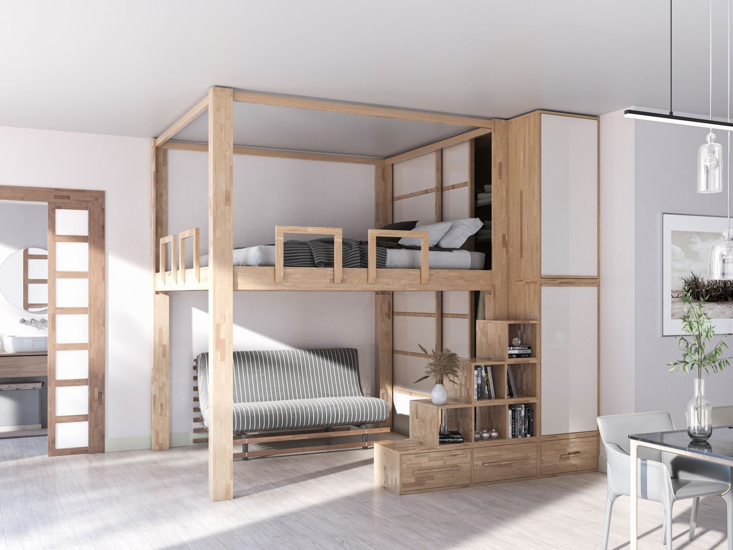 The same Rising bed lowered to sleeping height, ready to be made