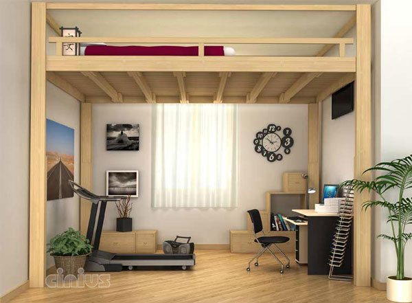 Wall-to-wall Rising raised above a home gym and a desk