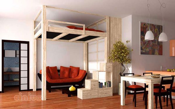 Rising raised in an open-plan living room, a sofa underneath