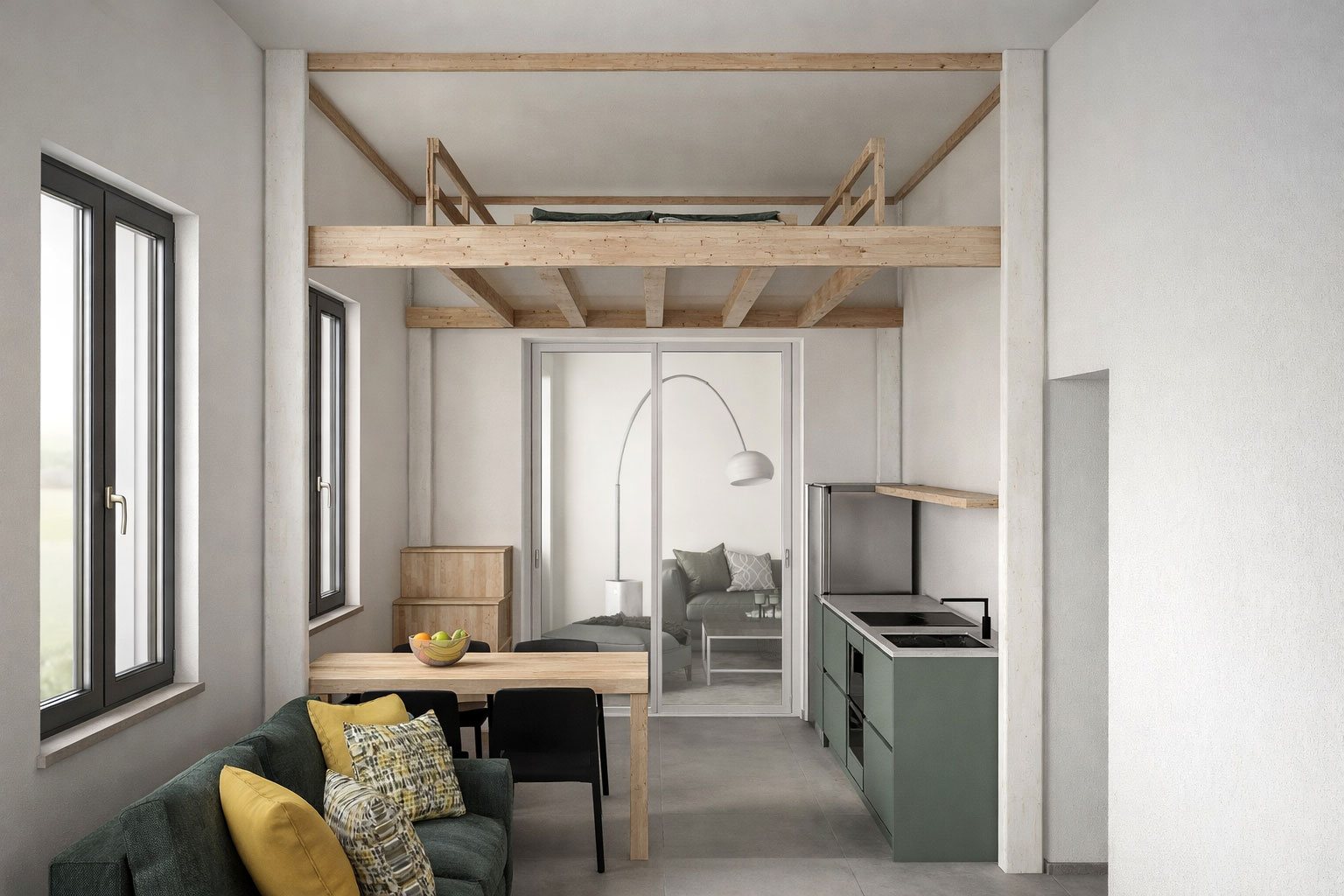 Rising raised close to the ceiling in a compact apartment, kitchen and dining area free below
