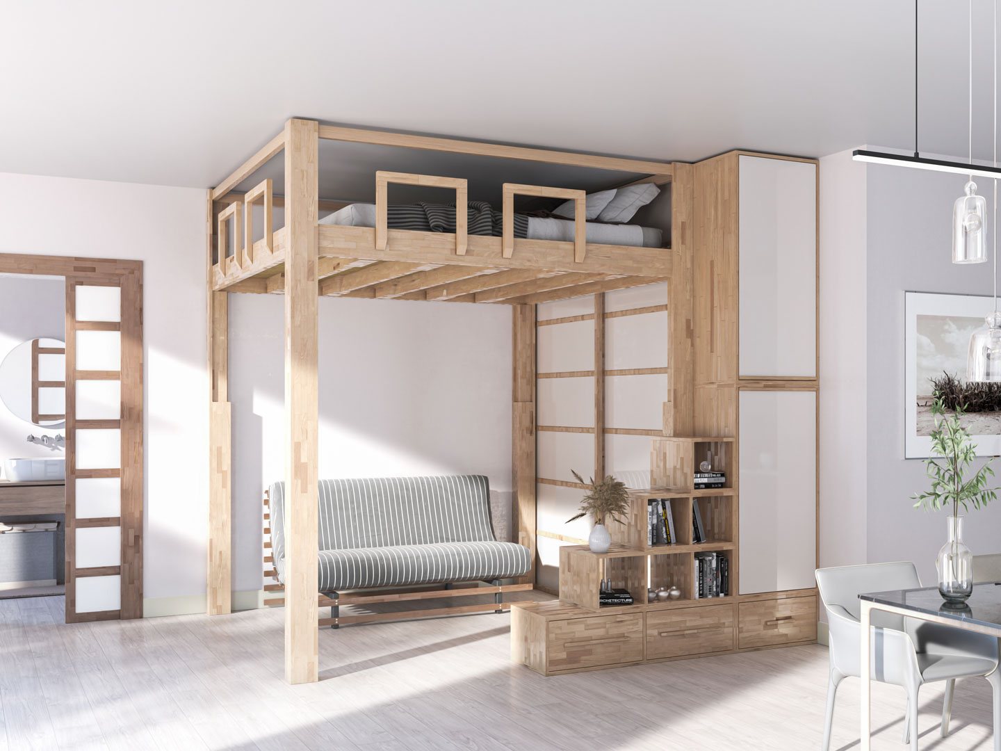 Rising loft raised to the top of its travel, the sofa and living area free below