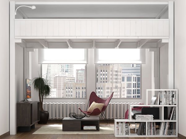 White Rising raised, a sitting area with a lounge chair underneath